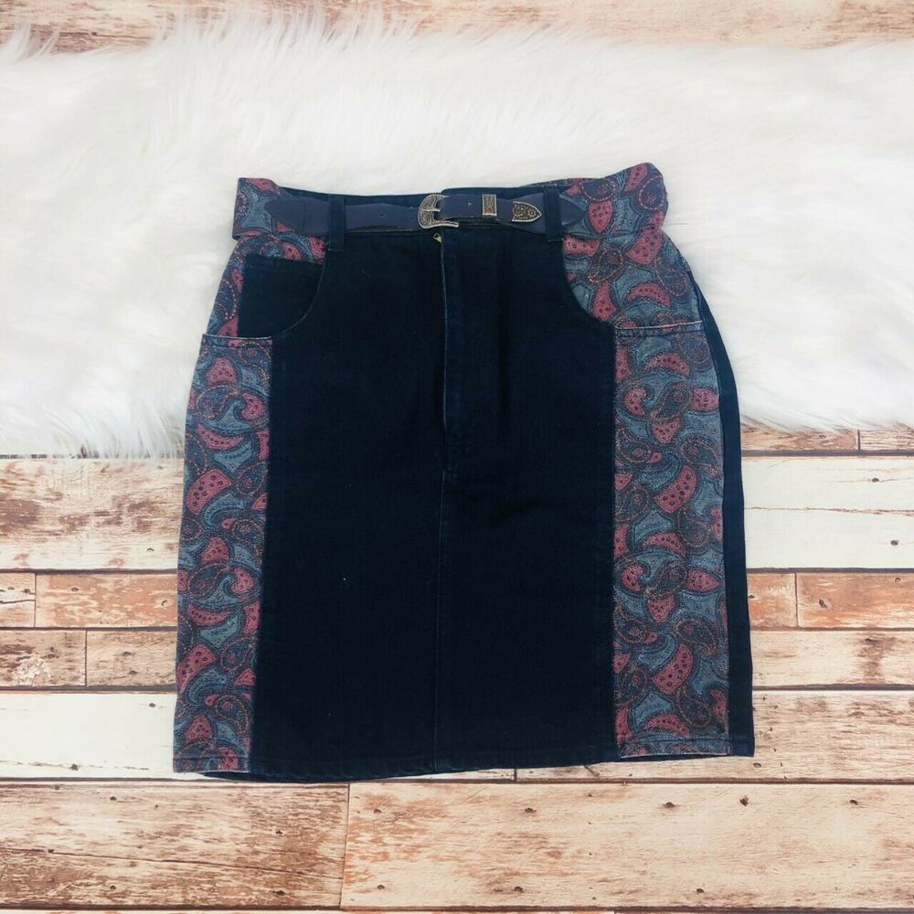 Vintage Extra International Western Paisley Print Belted Denim Jean Skirt Size 7